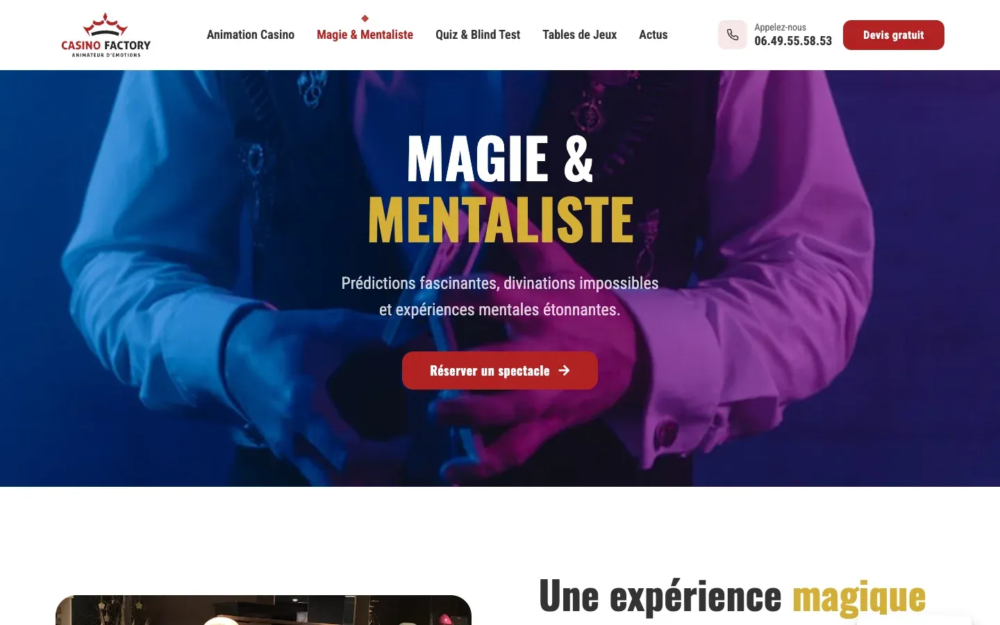 Page Magie et Mentaliste du site WordPress CasinoFactory