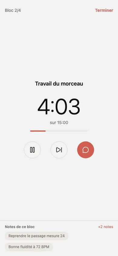 Lecteur de séance avec timer et notes dans l'application mobile Music Journal